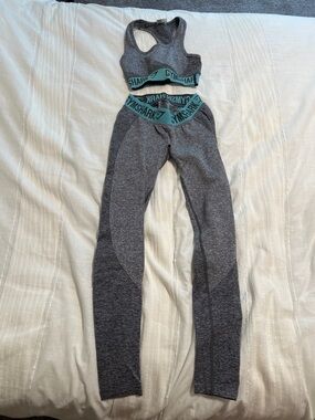 Gymshark Girls' Gray Leggings with Teal Logo Waistband and matching Bra